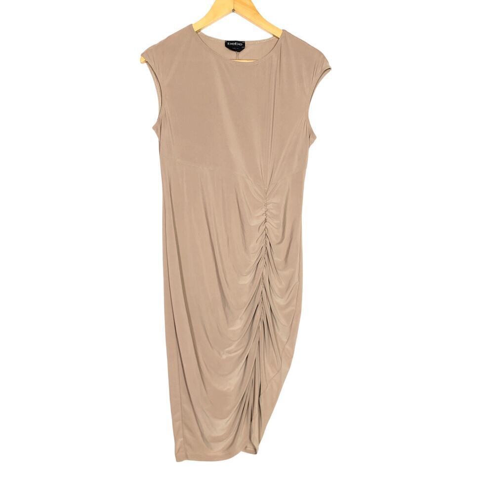 Bebe Bodycon Dress Rouched Cap Sleeve Knee Length Beige Large